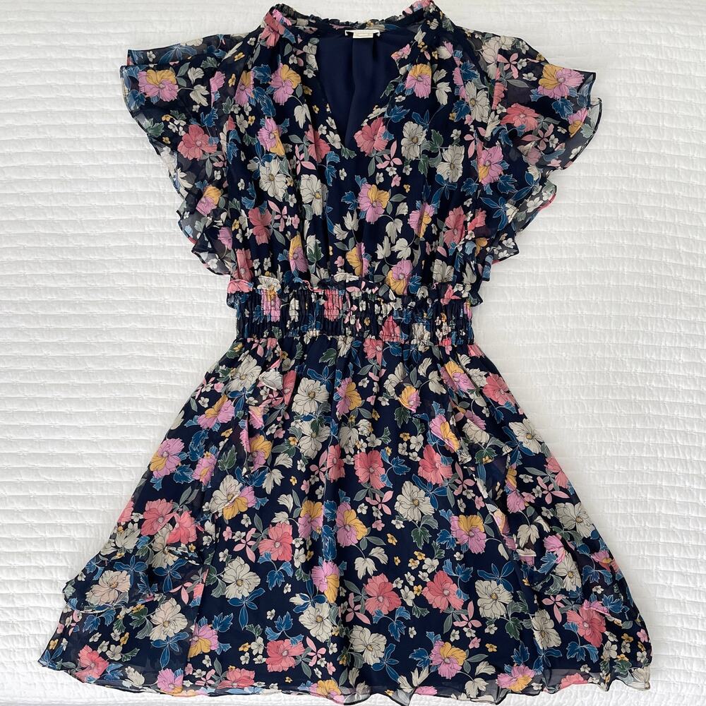 New Shoshanna V-Neck A-Line Silk Chiffon Ruffle Mini Dress in Navy Floral Size 8